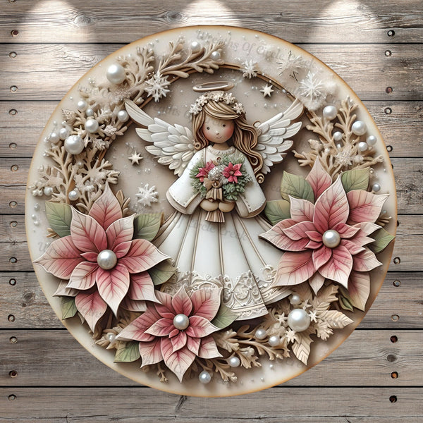 Blonde Hair Angel, Holding Poinsettias, Winter, Christmas, Faux 3D, Round, Light Weight, Metal, Wreath Sign, No Holes In Sign