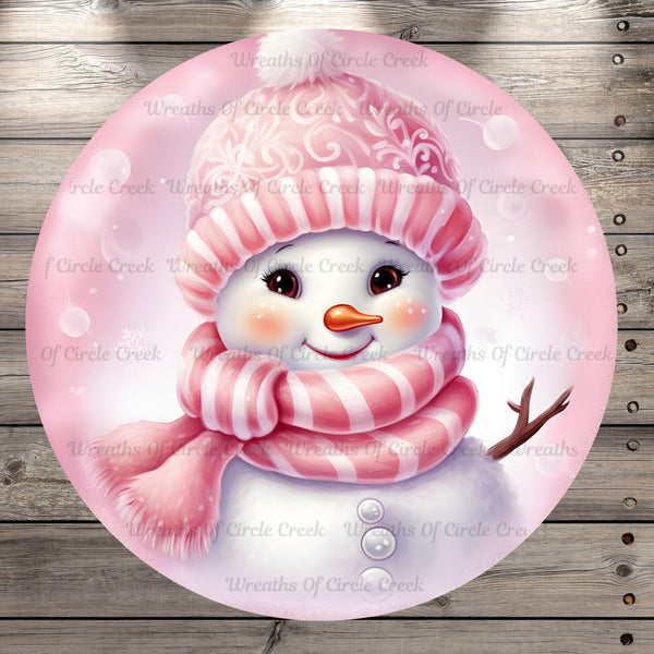 Pink, Snowman, Winter, Christmas, Round, Light Weight, Metal Wreath Sign, No Holes