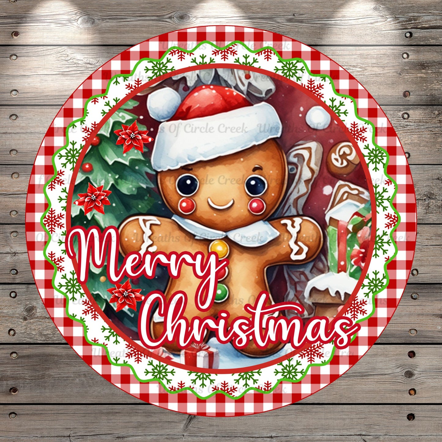 Merry Christmas, Gingerbread, Round, Light Weight, Metal ,Wreath Sign, No Holes In Sign