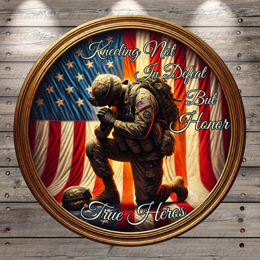 a painting of a soldier kneeling in front of an american flag