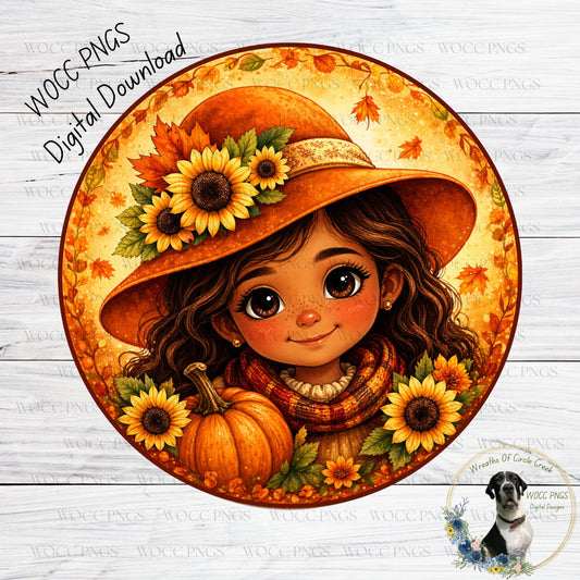 A digital illustration of a young girl wearing a large orange hat with sunflowers, surrounded by autumn leaves and a pumpkin.