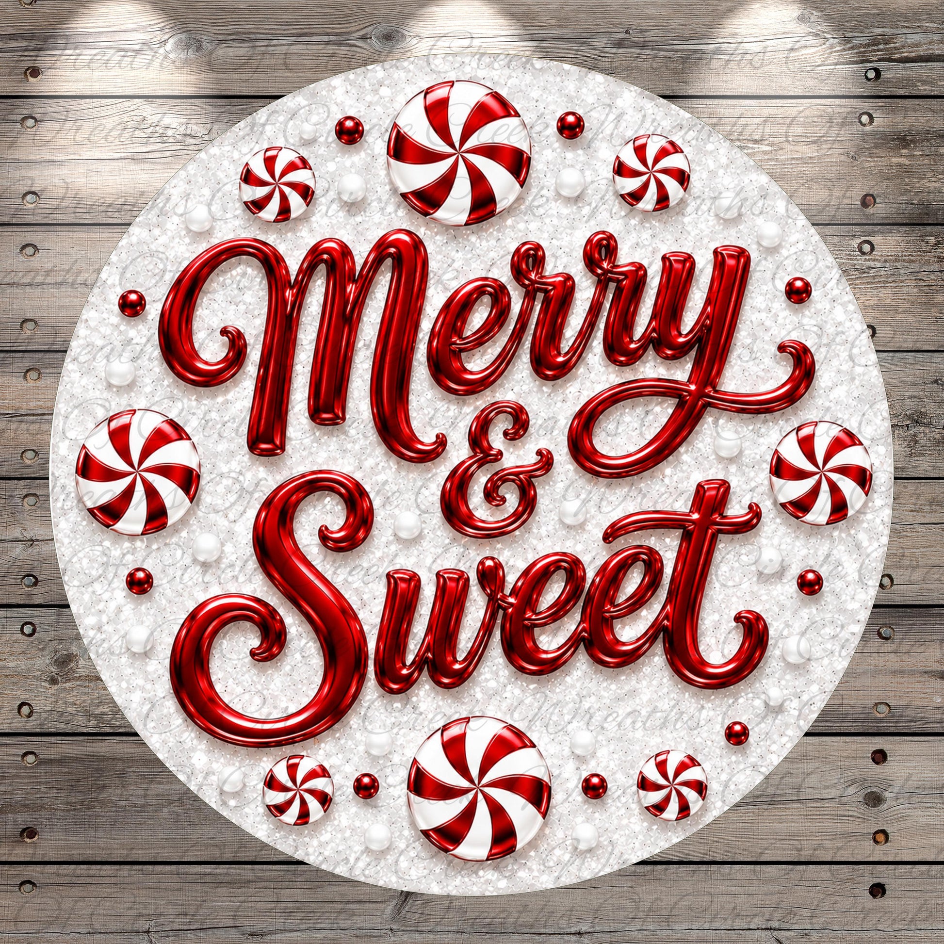 A circular arrangement of red and white candy pieces, with the text "Merry & Sweet" prominently displayed in the center.