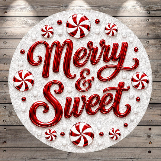 A circular arrangement of red and white candy pieces, with the text "Merry & Sweet" prominently displayed in the center.