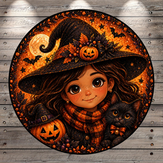 A young girl wearing a witch's hat and holding a carved jack-o-lantern and a black cat, surrounded by a festive Halloween scene with a full moon, bats, and pumpkins.