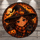 A young girl wearing a witch's hat and holding a carved jack-o-lantern and a black cat, surrounded by a festive Halloween scene with a full moon, bats, and pumpkins.