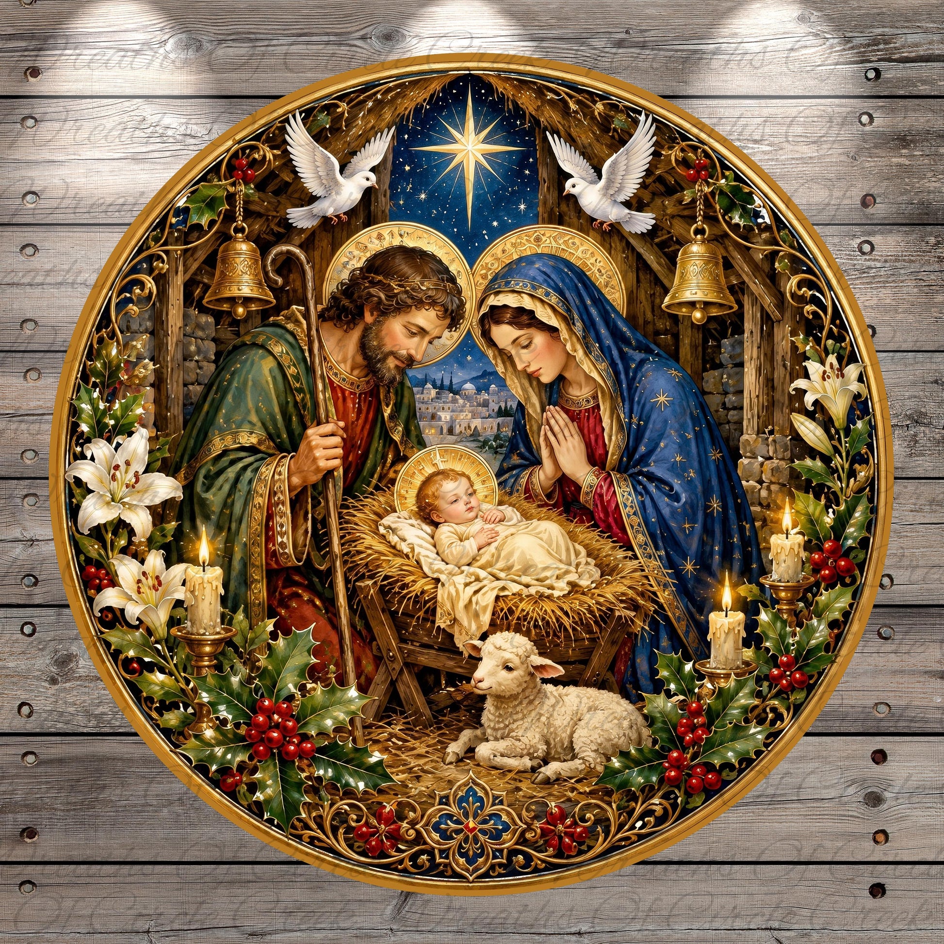 The image is a detailed and ornate depiction of the Holy Family in a nativity scene, surrounded by various holiday-themed elements such as flowers, candles, and a lamb.