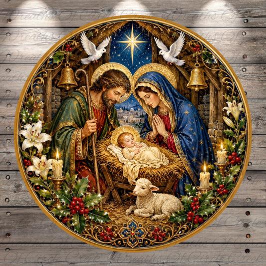 The image is a detailed and ornate depiction of the Holy Family in a nativity scene, surrounded by various holiday-themed elements such as flowers, candles, and a lamb.