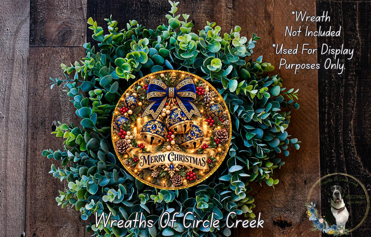A festive Christmas wreath made of evergreen branches, adorned with bells and a ribbon, hangs on a wooden wall. The wreath is labeled "Merry Christmas" and is surrounded by greenery.
