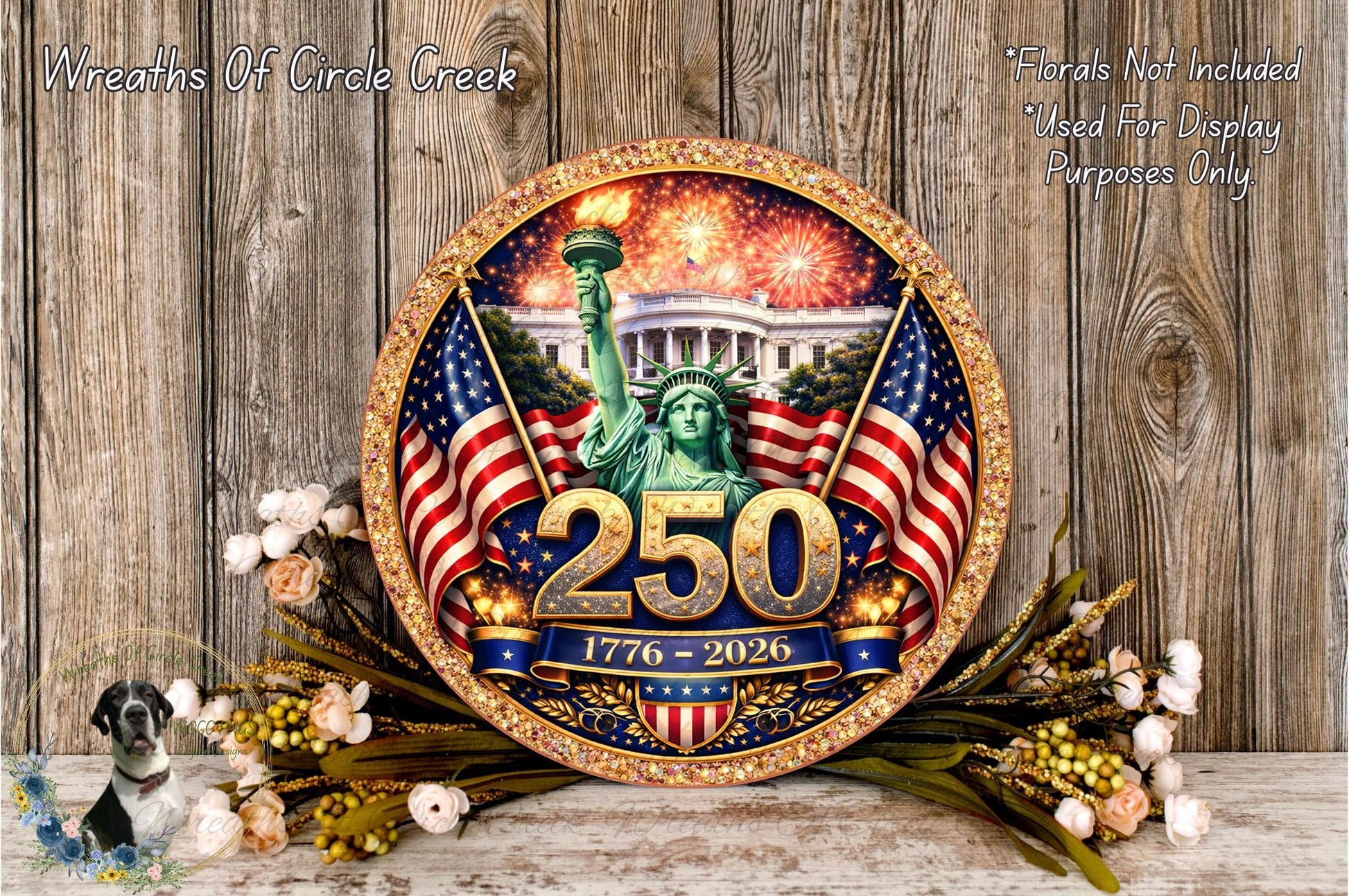 a decorative plaque with the Statue of Liberty and fireworks in the background, surrounded by American flags and flowers.