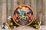 a decorative plaque with the Statue of Liberty and fireworks in the background, surrounded by American flags and flowers.