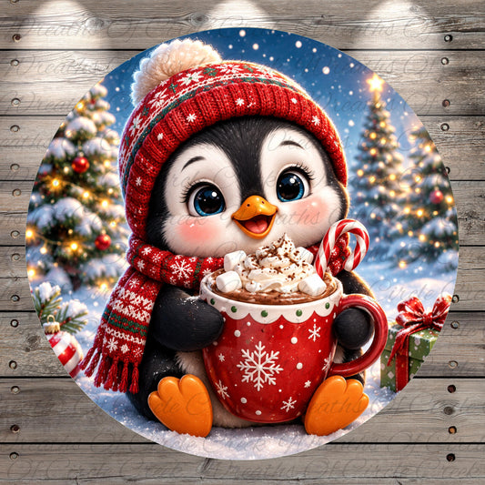 A cute penguin wearing a red hat and scarf is holding a mug of hot chocolate, surrounded by a snowy winter scene with Christmas trees and a starry night sky.