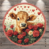 A cow surrounded by red roses and hearts, with a wooden background.