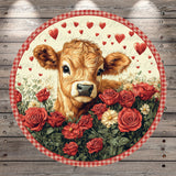 A cow surrounded by red roses and hearts, with a wooden background.