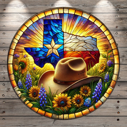 Texas Cowboy Hat | Lightweight Round Metal Wreath Sign | Lone Star Sunflowers & Bluebonnets | Faux Stained Glass Effect | No Holes In Sign