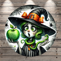 Witch With Green Apple, Trick Or Treat, Round, Light Weight, Metal Wreath Sign, No Holes In Sign