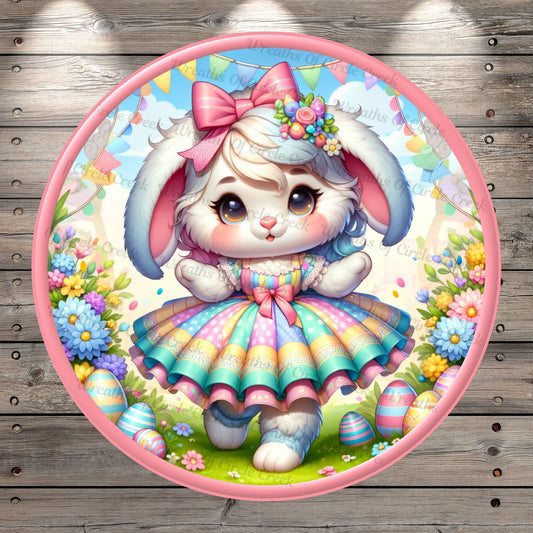 Girl, Easter Bunny, Pastel, Rainbow, Multi, Easter Eggs, Florals, Lightweight, Metal Wreath Sign, Round, With No Holes In Sign