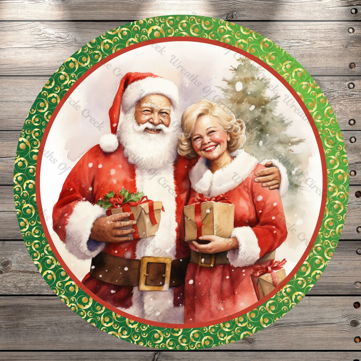 Santa Clause and Mrs. Clause, Merry Christmas, Green, Gold, Round, Light Weight, Metal Wreath Sign, No Holes In Sign