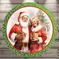 Santa Clause and Mrs. Clause, Merry Christmas, Green, Gold, Round, Light Weight, Metal Wreath Sign, No Holes