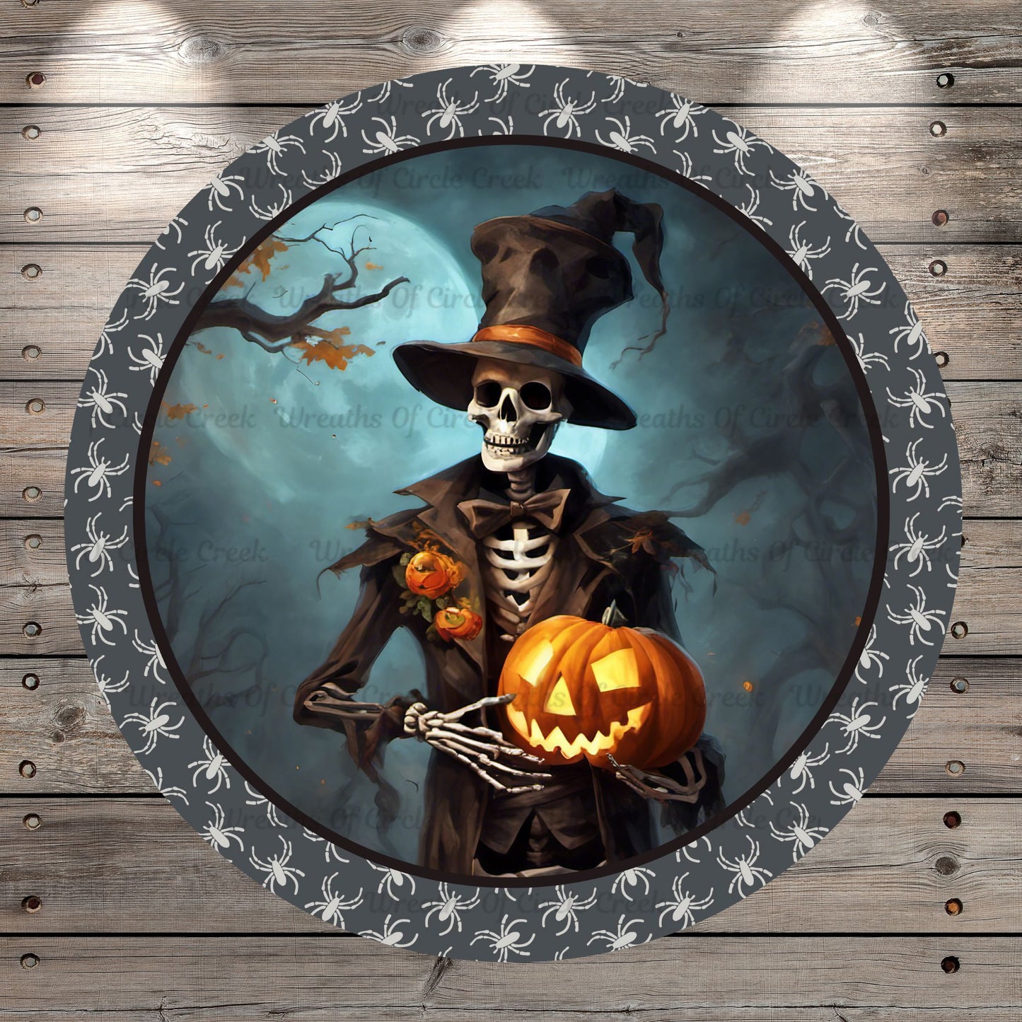Happy Halloween, Skelton with Jack-O-Lantern, Spider Border, Round UV Coated, Metal Sign, No Holes