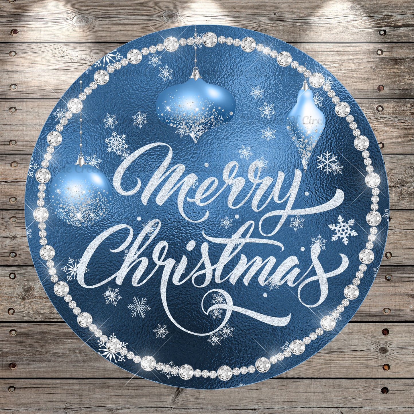 Merry Christmas, Blue and Silver, Ornaments, Round, Light Weight, Metal ,Wreath Sign, No Holes In Sign