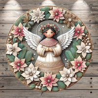 Dark Hair Angel, Poinsettia Wreath, Winter, Christmas, Faux 3D, Round, Light Weight, Metal, Wreath Sign, No Holes In Sign