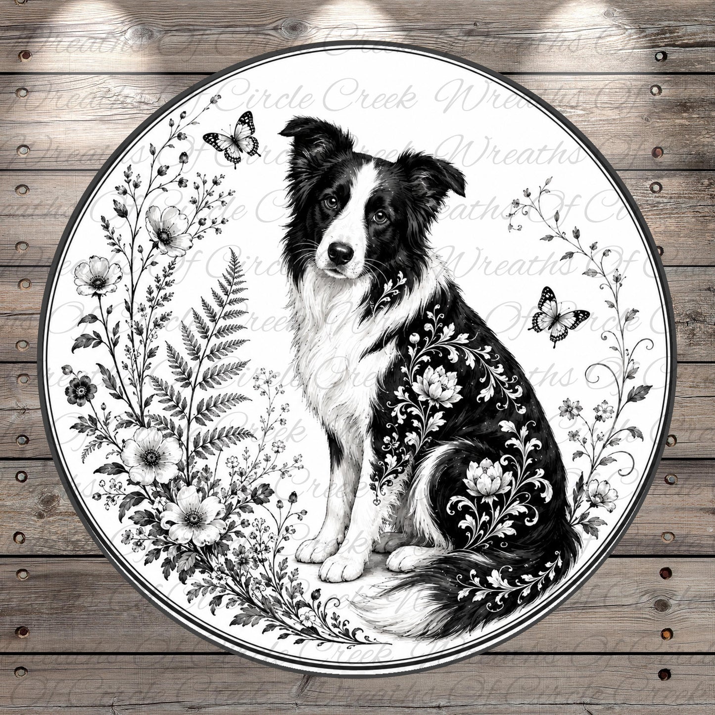 A black and white illustration of a Border Collie dog sitting amidst a floral arrangement, with butterflies fluttering around it.