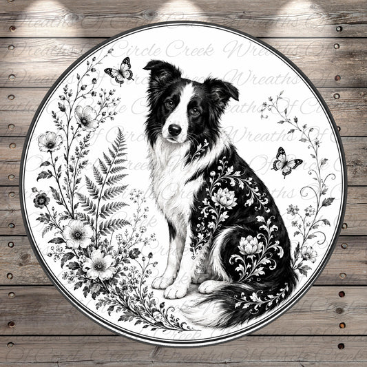 A black and white illustration of a Border Collie dog sitting amidst a floral arrangement, with butterflies fluttering around it.