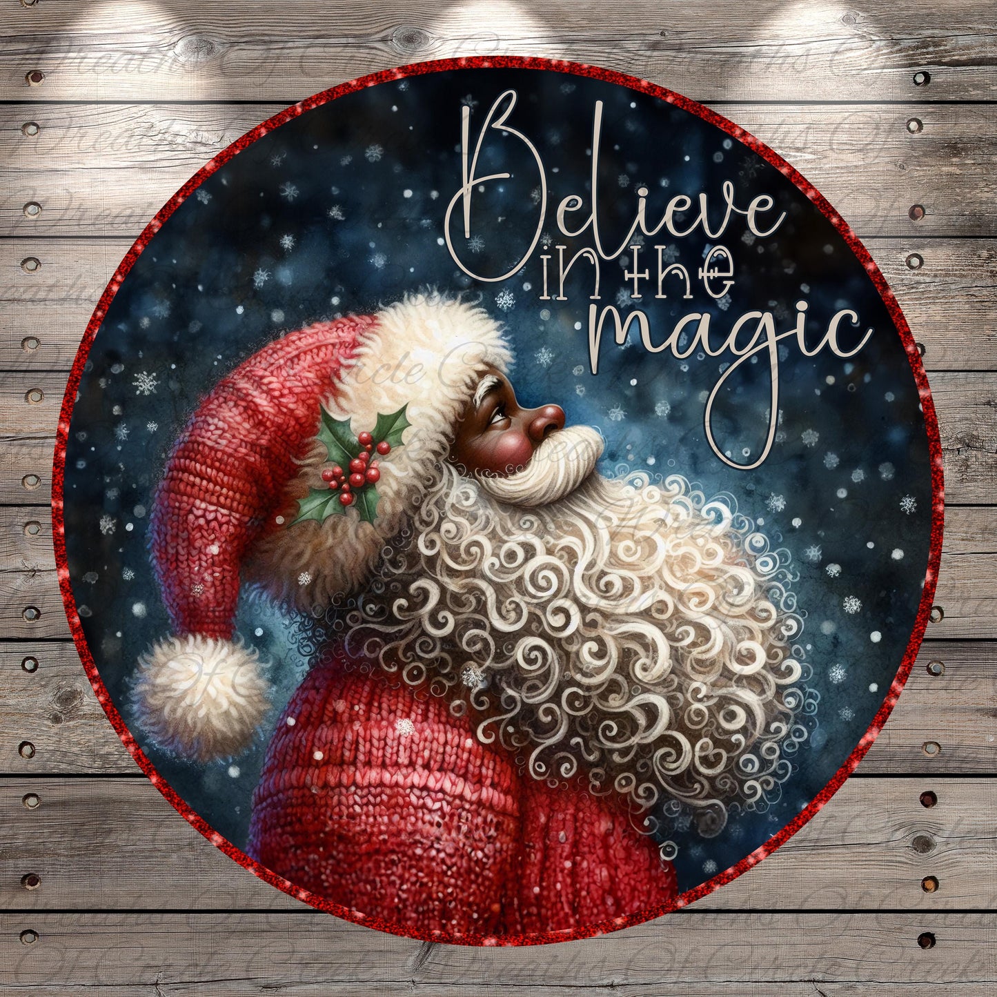 Santa Claus with a red hat and beard, surrounded by snowflakes and the text "Believe in the magic"