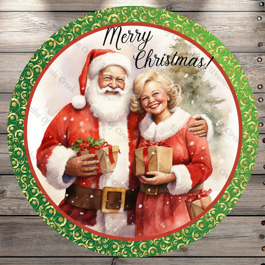 Santa Clause and Mrs. Clause, Merry Christmas, Green, Gold, Round, Light Weight, Metal Wreath Sign, No Holes In Sign