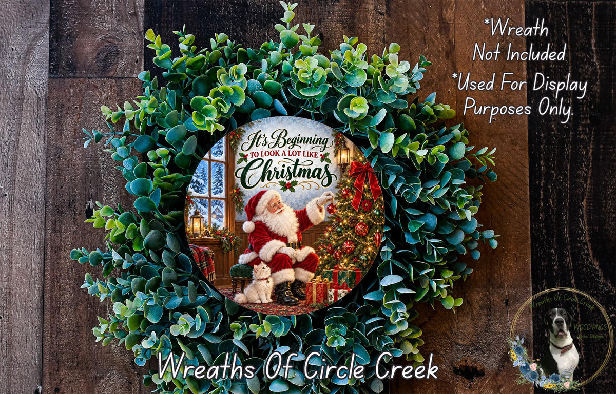 A wreath made of green leaves and a Santa Claus image, with the text "It's Beginning to look like Christmas" and "Wreaths of Circle Creek" displayed.