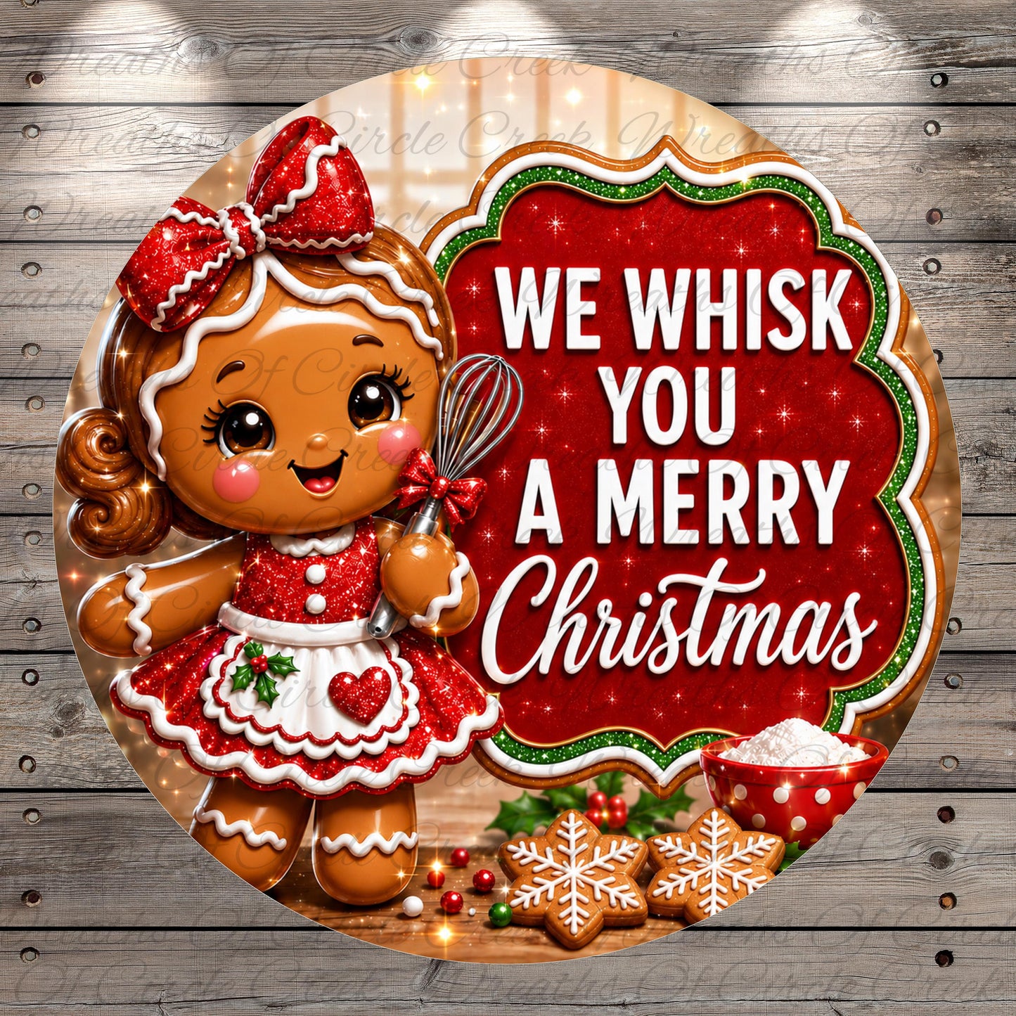 A cheerful gingerbread girl holding a whisk stands next to a sign that says "We whisk you a merry Christmas".