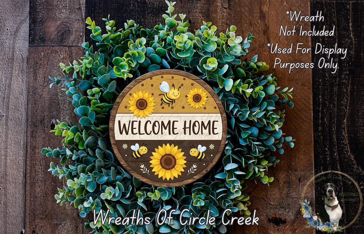 a wreath with a wooden sign that says "Welcome Home" surrounded by green foliage and sunflowers.