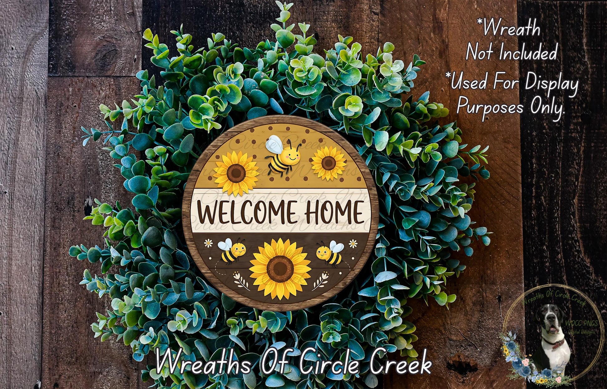 a wreath with a wooden sign that says "Welcome Home" surrounded by green foliage and sunflowers.