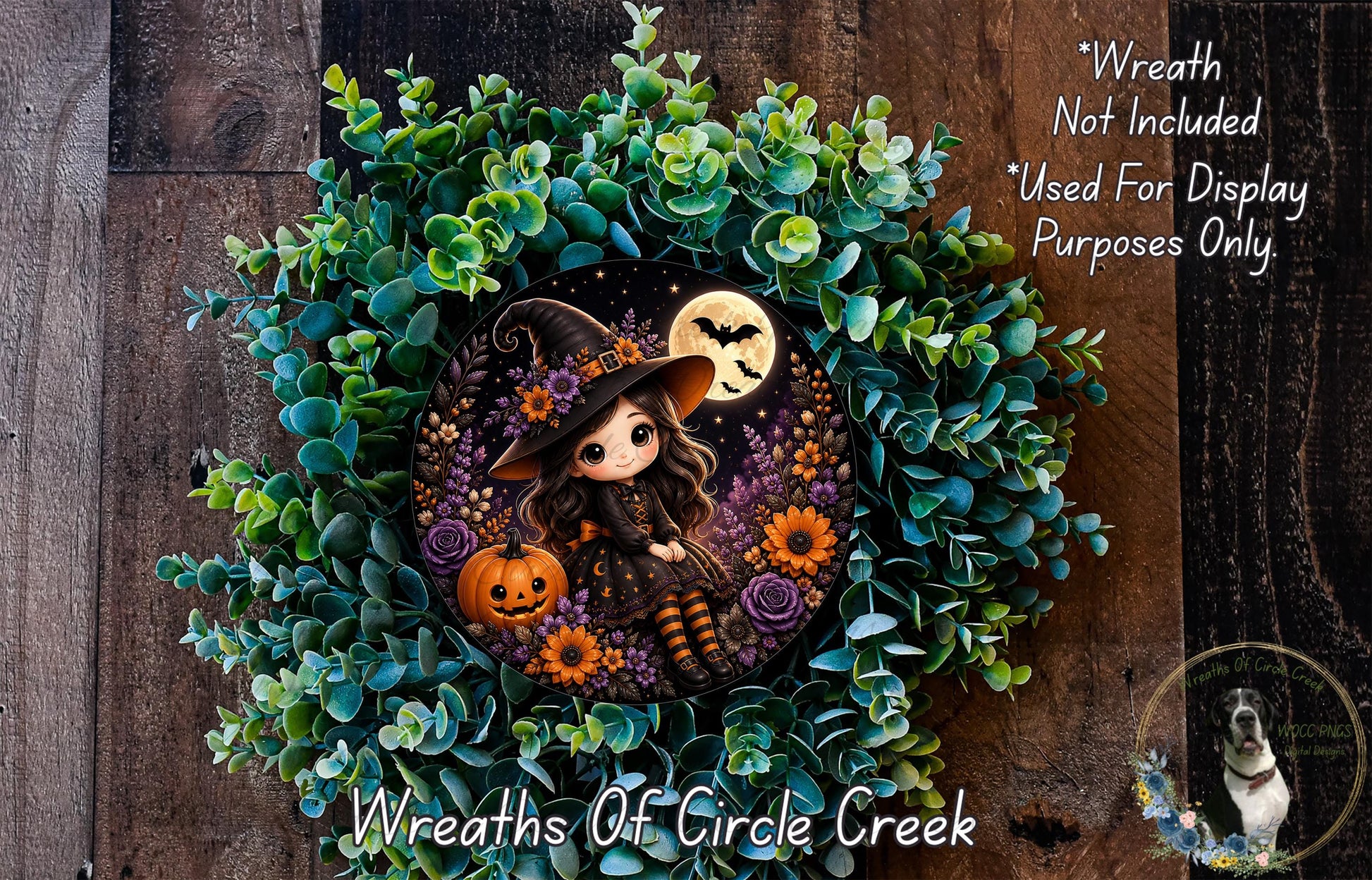 A Halloween-themed wreath featuring a cartoon girl dressed as a witch, surrounded by autumn foliage and pumpkins.