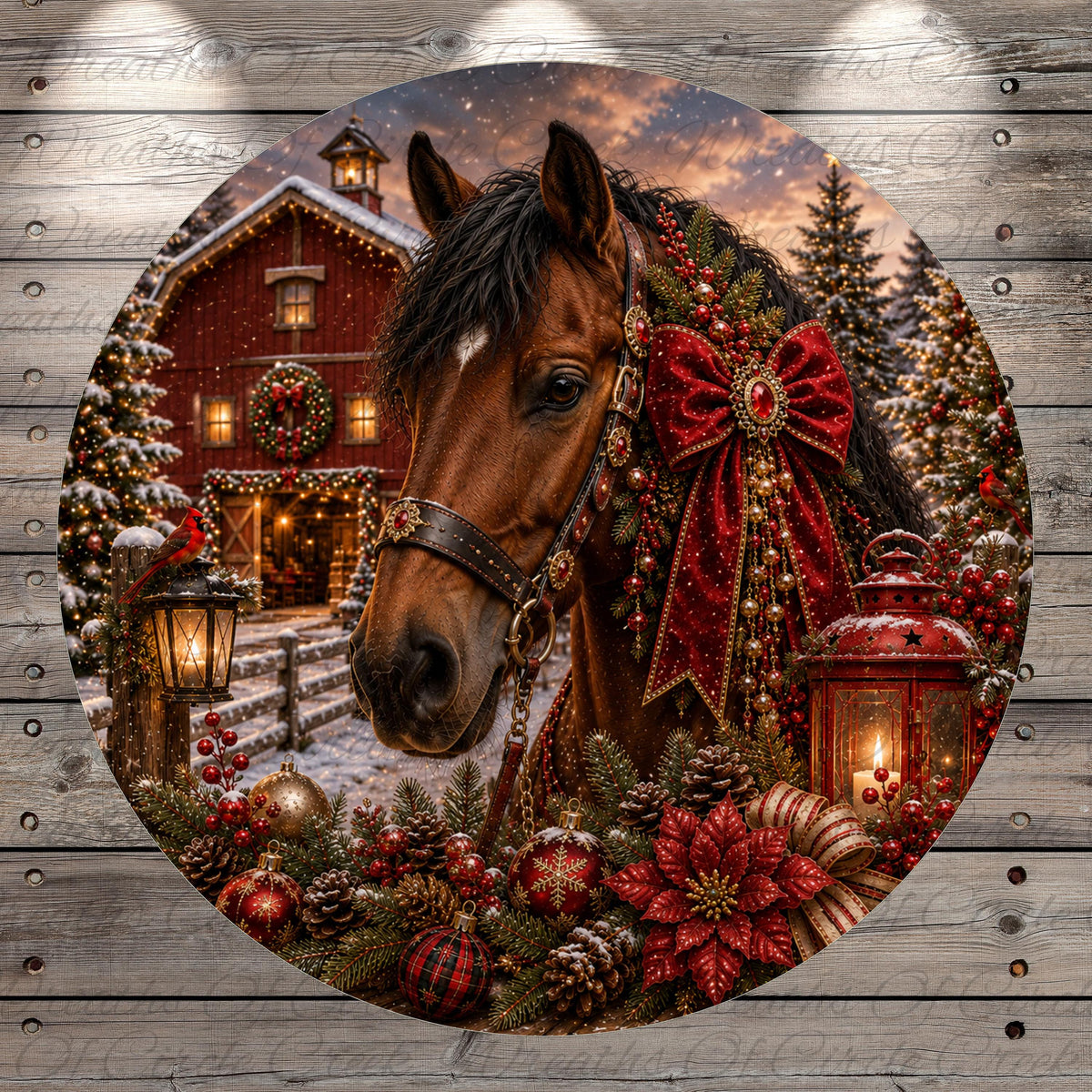 A beautifully decorated horse stands in front of a festively lit barn, surrounded by Christmas decorations, including a wreath, lanterns, and poinsettias.