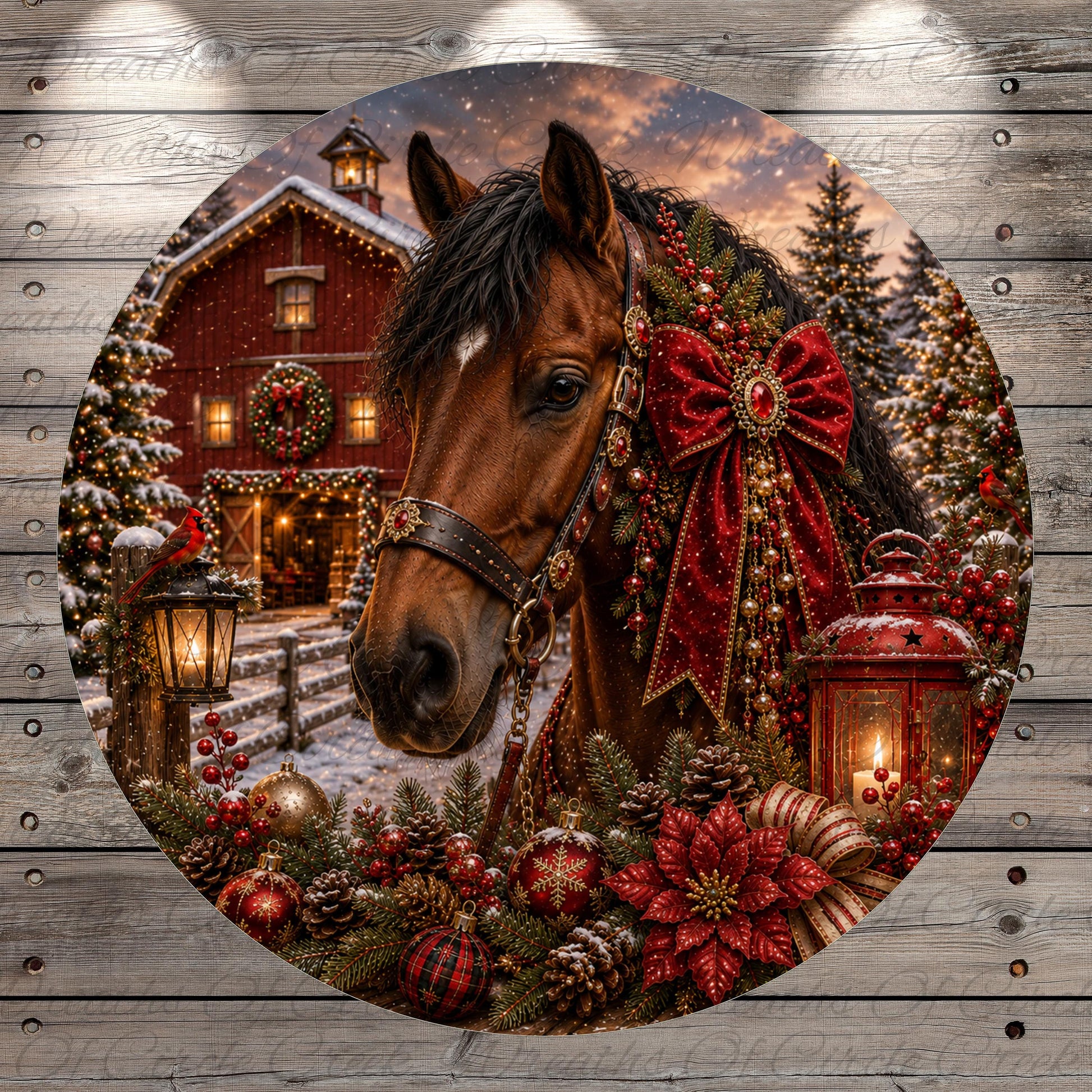 A beautifully decorated horse stands in front of a festively lit barn, surrounded by Christmas decorations, including a wreath, lanterns, and poinsettias.