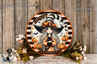 A Halloween-themed plate with a cartoon illustration of a young girl wearing a witch's hat and holding a black cat, surrounded by pumpkins and flowers.