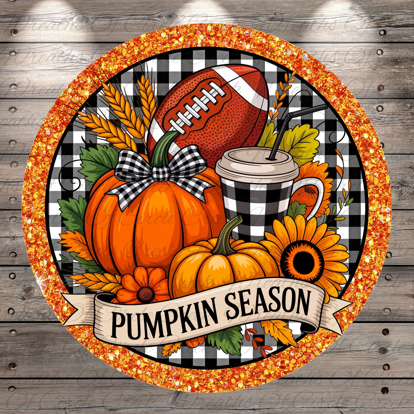 A circular banner with a pumpkin, football, sunflower, and other fall-themed items, surrounded by a decorative border. The banner has the text "Pumpkin Season" written on it.