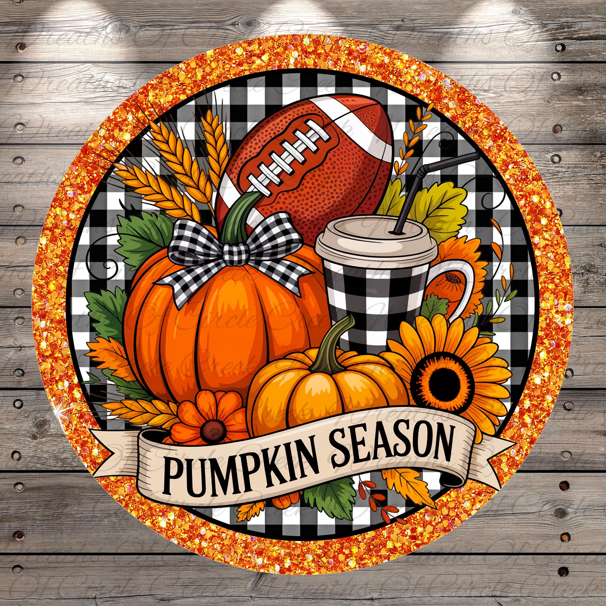 A circular banner with a pumpkin, football, sunflower, and other fall-themed items, surrounded by a decorative border. The banner has the text "Pumpkin Season" written on it.