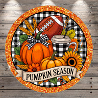 A circular banner with a pumpkin, football, sunflower, and other fall-themed items, surrounded by a decorative border. The banner has the text "Pumpkin Season" written on it.