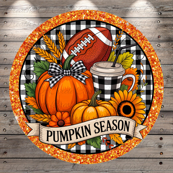 A circular banner with a pumpkin, football, sunflower, and other fall-themed items, surrounded by a decorative border. The banner has the text "Pumpkin Season" written on it.