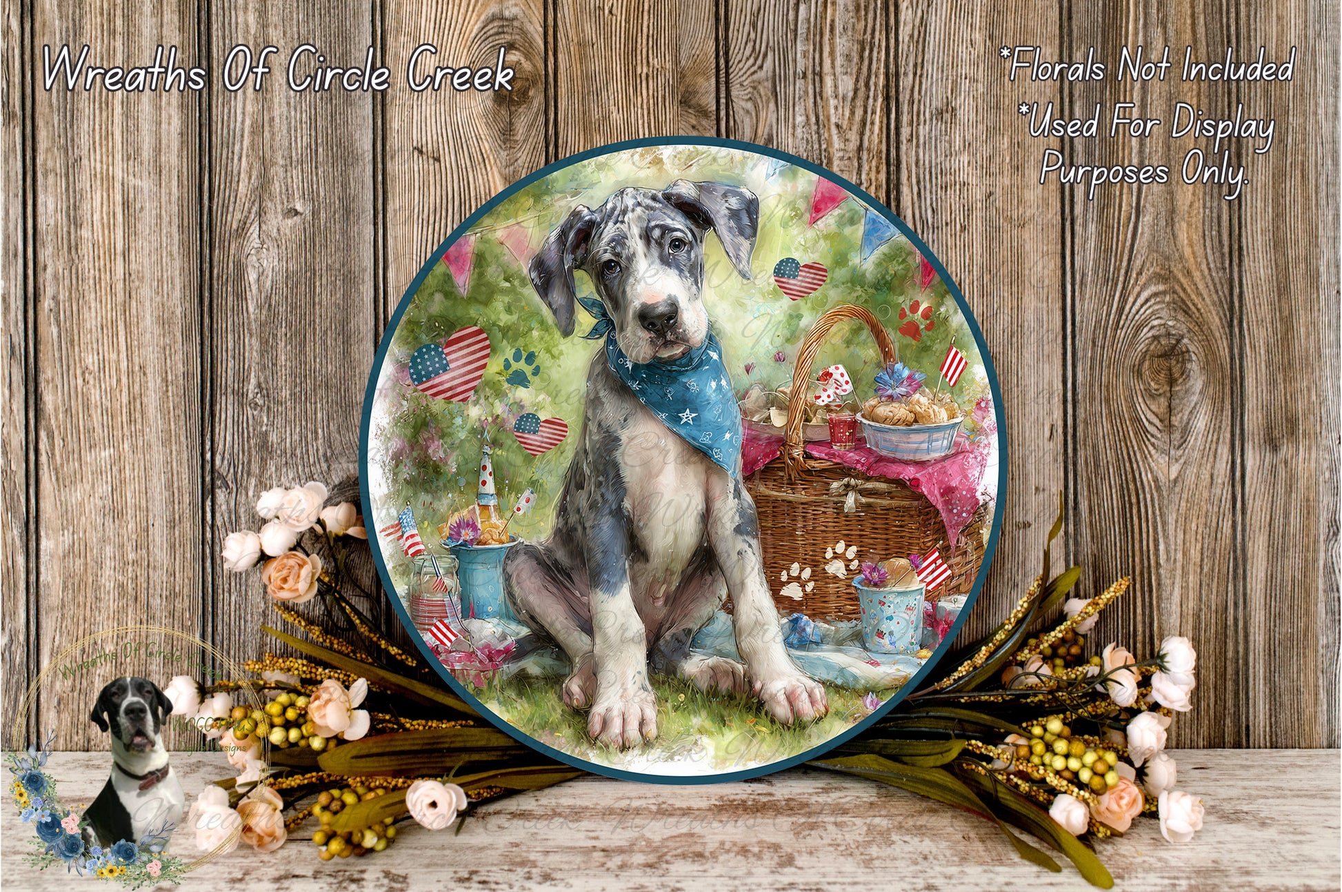 A large circular plate featuring a dog sitting in a grassy field, surrounded by flowers and a basket.