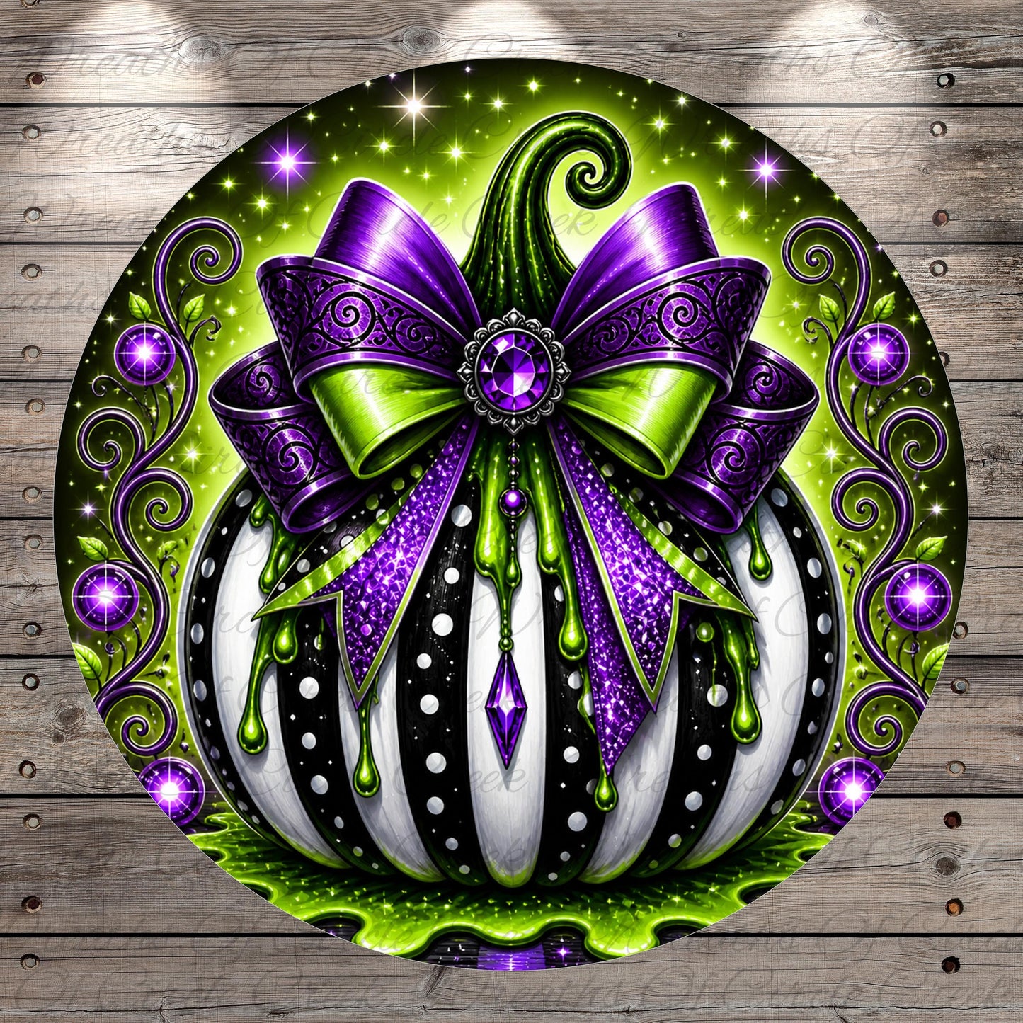a large, ornate, and colorful pumpkin with a purple bow and green accents, surrounded by a starry background and purple flowers.