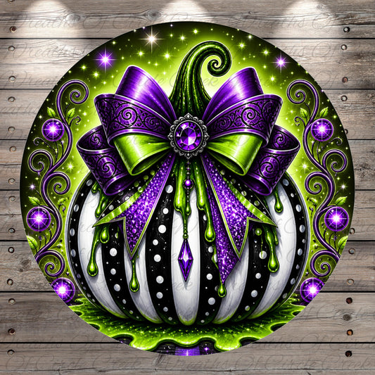 a large, ornate, and colorful pumpkin with a purple bow and green accents, surrounded by a starry background and purple flowers.