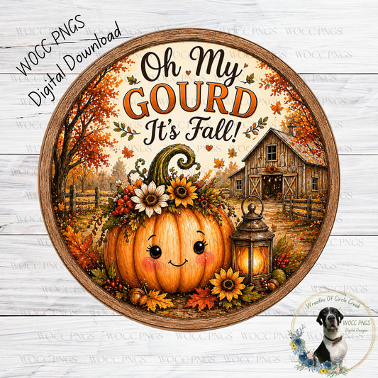 The image is a decorative piece featuring a pumpkin with a face, surrounded by autumn foliage, flowers, and a lantern, with a barn in the background.