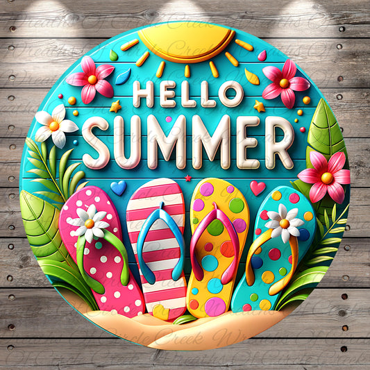 A colorful and vibrant illustration featuring a circular design with the text "HELLO SUMMER" prominently displayed. The design includes various summer-themed elements such as flowers, leaves, and a sun, all set against a blue background.