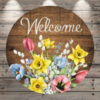 Welcome Florals, Wood Pattern Background, Light Weight, Round Metal Wreath Sign, No Holes, UV Coated