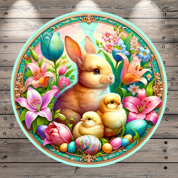 Spring Easter, Bunny, Chicks, Multi, Easter Eggs, Florals, Lightweight, Metal Wreath Sign, Round, With No Holes In Sign