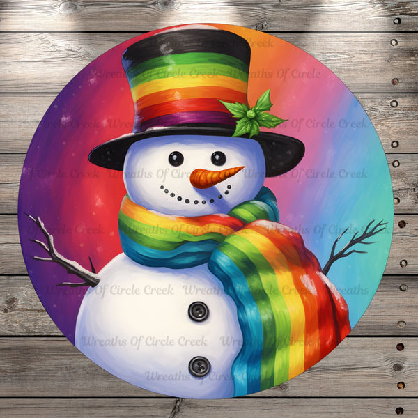 Rainbow Snowman, Winter, Christmas, Round, Light Weight, Metal Wreath Sign, No Holes