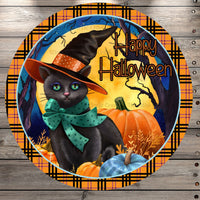 Halloween, Black Cat, Moon, Pumpkin, Happy Halloween, Orange, Plaid Round UV Coated, Metal Sign, No Holes